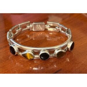 Taxco 925 Tiger Eye Onyx Heavy Link Bracelet 7" x 1/2" 44g